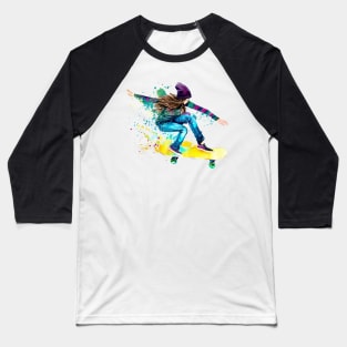 Skateboarder Watercolor Skate Skater Girl Skating Boarder Baseball T-Shirt